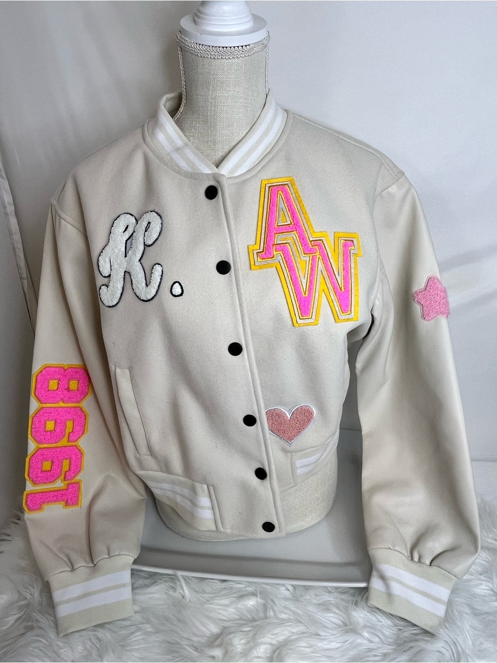 Cream Varsity Jacket with Pink & Yellow Patchwork - Picture 12 of 13